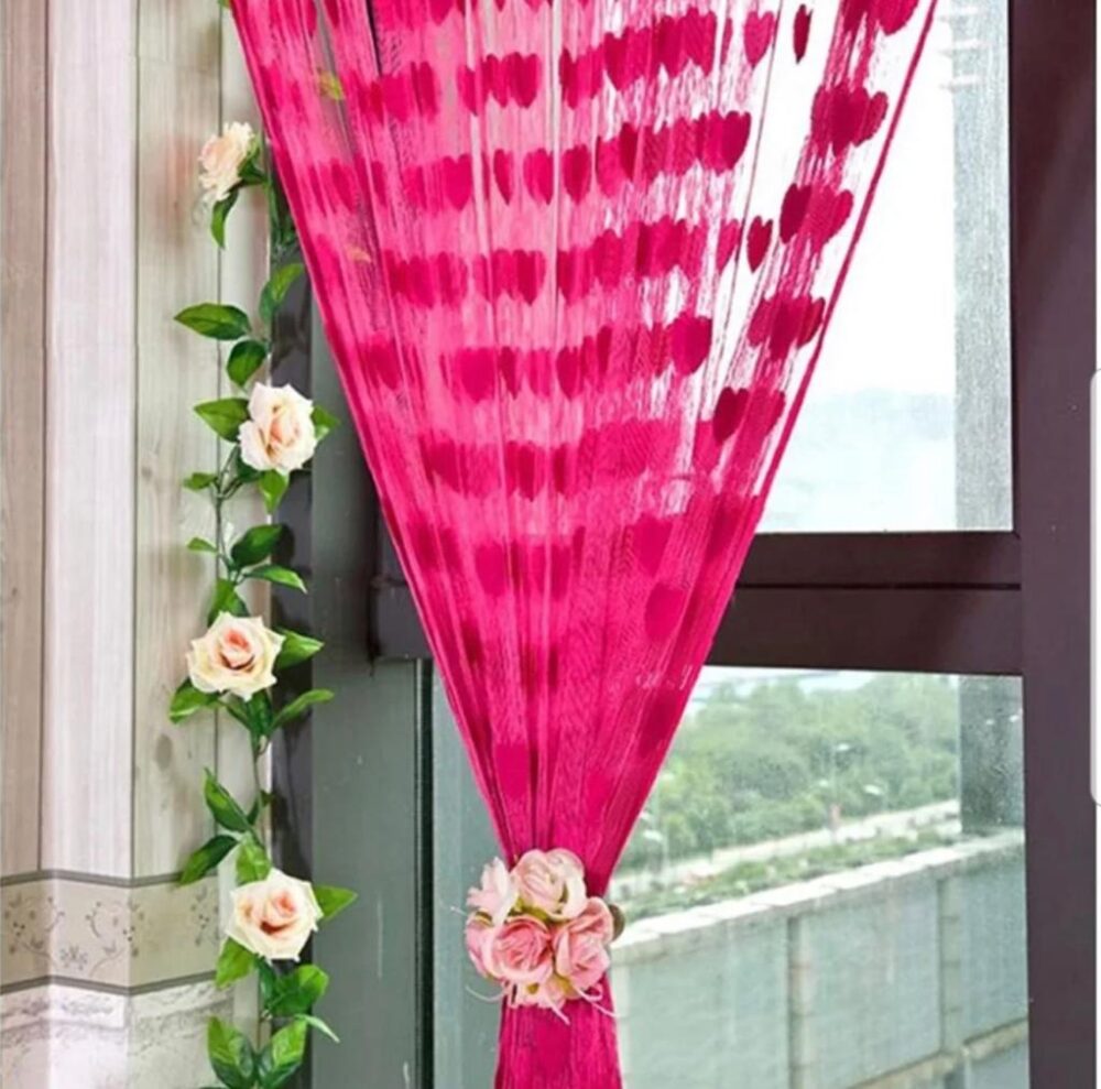 Shocking Pink-Cute Heart Line Tassel String Door Curtain Window Room Curtain Valance Modern Living Room
